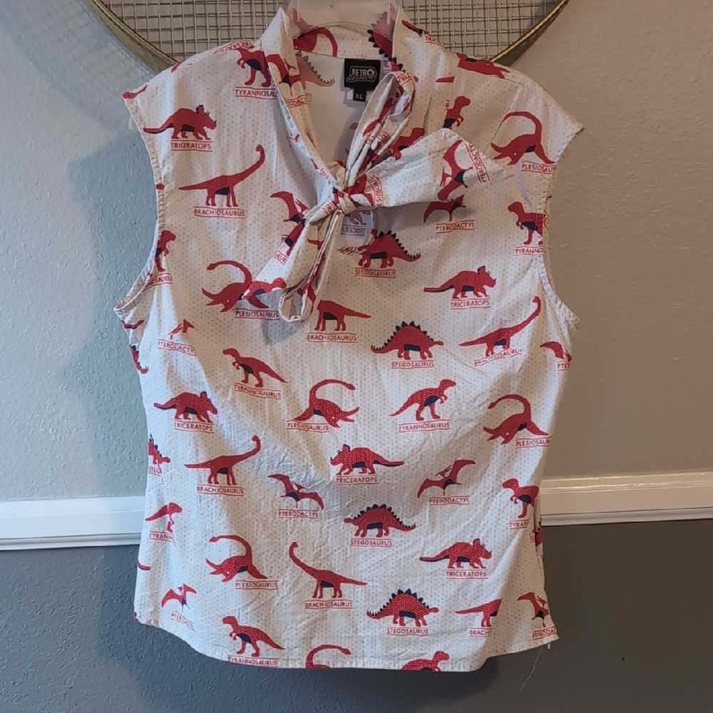 Retrolicious Dinosaur Print Blouse - Red and White, Sz XL